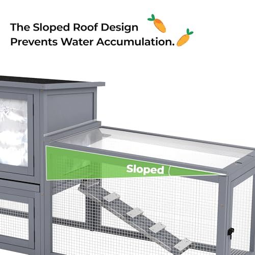 COZIWOW Heated Large Rabbit Hutch Insulated, Outdoor Indoor Bunny Cage with Heating Pad & Insulation Liner, 2-Level Wooden Small Animal House Pet Enclosure with All-Covered Sloped Roof, Grey