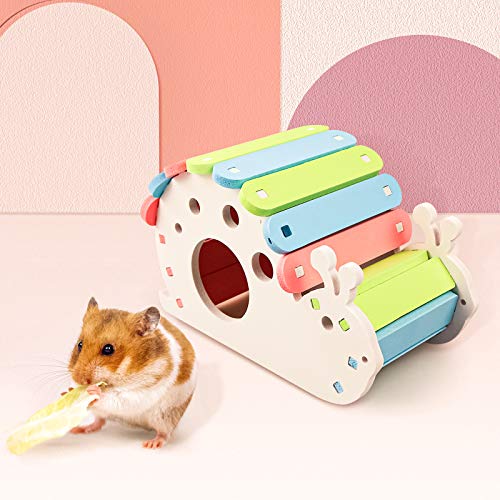 Roundler Dwarf Hamsters House DIY Wooden Gerbil Hideout Rainbow Bridge Swing and PVC Seesaw, Pet Sport Exercise Toys Set, Sugar Glider Syrian Hamster Cage Accessories, Suitable for Small Animal (H02)