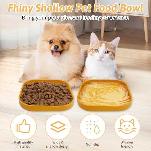 Fhiny 2PCS Silicone Cat Bowls Set 5.9 x 5.9 in Shallow Dog Dish Whisker Friendly Cat Food Plate for Dry & Wet Food Dishwasher Safe Non-Slip Pet Feeding Bowls for Kittens and Puppies (Yellow) - color: Yellow