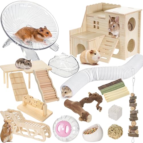 Leitee 30 Pcs Hamster Cage Accessories, Chew Toys for Guinea Pig, Chinchillas, Gerbils, Mice, Rats, Rabbit, Silent Wheel with 15 Chew Toys Set, Maze Wood House, Mouse Tunnel Tube and Sand Bath Box Set