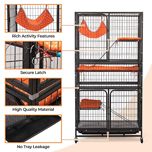 Cat Cages Indoor,4-Tier Ferret Cage, Large Wire Crates with Hammock, Cat Enclosure with 2 Ladders, Cat Kennel with Wheels for Kitten, Guinea Pig, Rabbit, Chinchilla, Black - size: 32.7"L x 23.6"W x 63.0"H