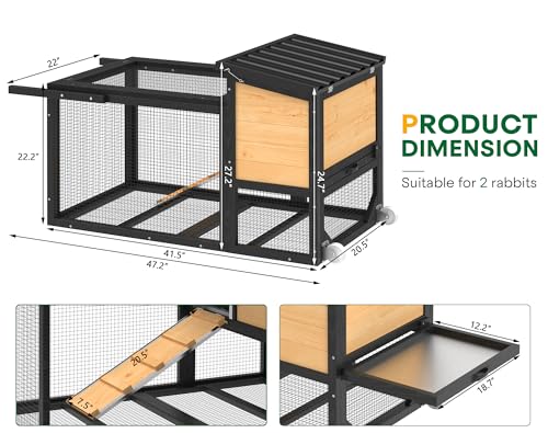 2-Story Rabbit Hutch, Wooden Bunny Cage with Chew-Proof Ramp, Indoor Outdoor Rabbit Cage with Wheels & Pull-Out Tray for Rabbits & Small Animals, Black & Yellow
