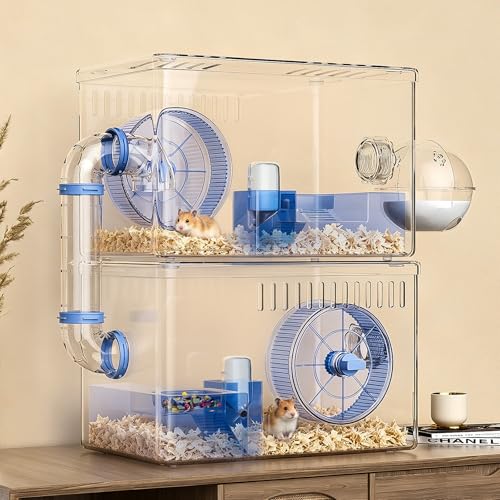 Hamster Cage,Clear Modular Habitat with Tube for Dwarf Hamster | 15.74"x10.03"x19.29", expandable hamster enclosure with small animal cage design, wheel, bottle and bathroom set included