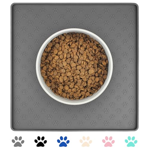 Ptlom Grey Pet Placemat for Dog and Cat, Waterproof Non-Slip Silicone Feeding Bowl Mat Prevent Food and Water Overflow, Puppy Dish Feeder Fountain Trays Suitable for Medium and Small Pets - color: Grey, size: 11.8"L x 11.8"W