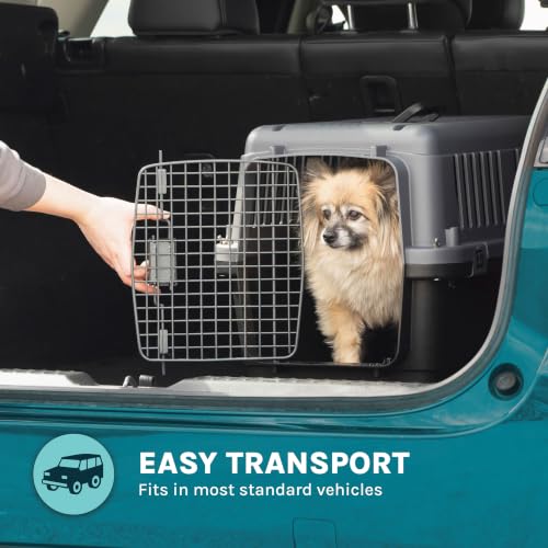 SportPet Airline Compliant Small 24" Travel Dog Kennel - Durable Plastic Airline Pet Carrier (No Wheels) & Food Bowls, Collapsible Indoor/Outdoor Dog Kennel, Dogs up to 21" L & 13" H - Dark Gray - color: Dark Gray
