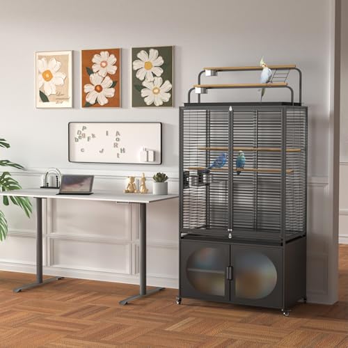 GDLF 72-Inch Parrot Bird Cage with Play Top and Storage Cabinet | Includes a UV-blocking cover, removable cleaning tray, four stainless steel bowls, perches, and lockable rolling casters