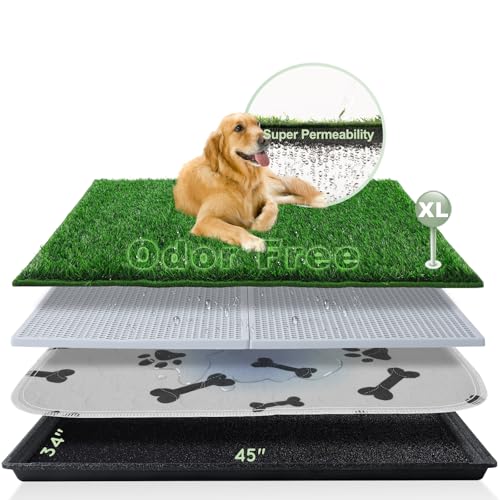 HQ4US Dog Grass Pad with Tray, Odor Free Grass Pee Pad for Dog Litter Box | Extra Large Indoor Dog Potty Tray with Grate, Artificial Grass Fast Drainage, Hemmed Edge, Reusable Puppy Pads for Balcony - size: X-Large - 45”×34” for 60-100lbs Dog