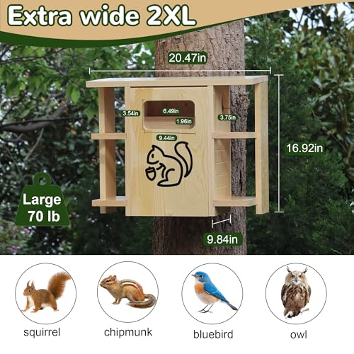 Widened Extra Large Wooden Squirrel Family House for Outside | Dual Protective Entry Design, with Squirrel Feeder, Squirrel Nesting Box with Multi-Platforms for Nesting & Shelter - size: Widened Extra Large