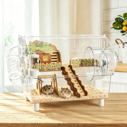 Acrylic Hamster Cage 2 Tier 23 Inch with Transparent Base | All Accessories Included, Large Silent Dwarf Hamsters Wheel, Tunnel Enclosure, Wood Hideout, Swings for Gerbils Mice
