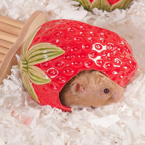 Ceramic Hamster Hideout Strawberry Chew Proof Syrian Hide Cool Bed | Easy to Clean Durable Ceramic Guinea Pig House, Good Hiding Hut Cave for Gerbil, Mice, Rat All Season，Cute Red Habitat Decor - color: Red