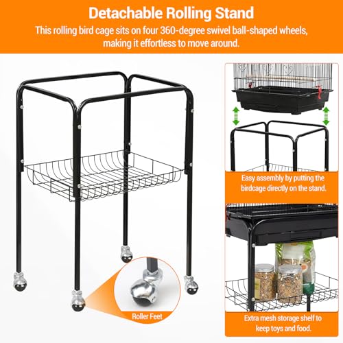 Garvee Open Top Large Parrot Bird Cage, Hanging Bird Cage with Detachable Rolling Stand and Storage Shelf, Playtop Parrot Cages Heavy-Duty Pet Birds House for Cockatiel Black