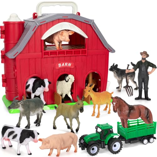 Ellinjan Farm Animals Toys for Toddlers Girls Boys, Big Red Barn Farm with Figures Animals and Tractor Toy for Kids 2 3 4 5, Farm Playset Educational Learning Toys, Ideal Christmas Birthday Gifts