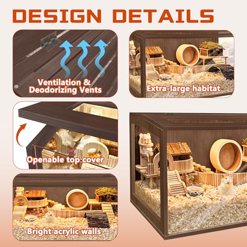 PROLEE Hamster Cage with Chewproof Wood Top, Guinea Pig Cages, Hamster Habitat with Clear Acrylic Sheets Solid Built, Small Animal Cage (Walnut, 48X19.5X19.5 inch) - color: Walnut, size: 48.0"L x 19.5"W x 19.5"H