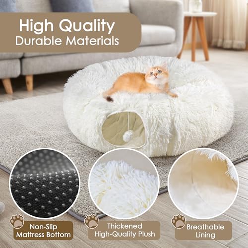 Peekaboo Cat Cave with Washable Mat, Collapsible Cat Play Tunnel for Kittens & Small Pets, Plush Cat Donut Bed Tunnel, Beige - color: Beige