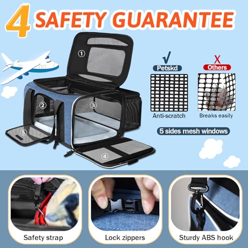 Top and Side Expandable Small Pet Carrier Airline Approved, Blue | 17"Lx11"Wx9.5"H, for Alaska Airlines, Pets Under 10 Lbs, Lockable Zippers,Soft-Sided, Anti-Scratch Mesh - color: Blue, size: 17.0"L x 11.0"W x 9.5"H