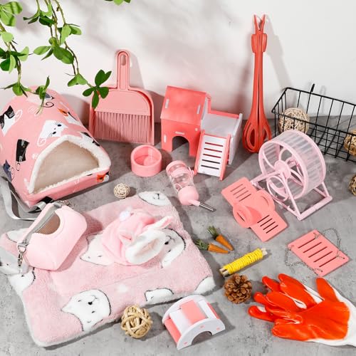 Teenyyou 24 Pcs Small Guinea Pig Starter Kit Essentials for Hamster Cage Accessories Toys House Bed Cage Cleaner Food Bowl Water Holder Carrier Bag Teething Toys Liner Tunnel for Beginner(Pink) - color: Pink