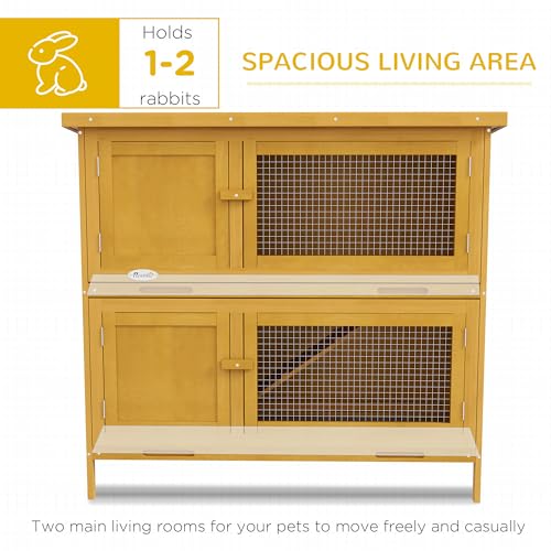 PawHut Wooden Bunny Rabbit Hutch, Small Animal Habitat with Ramp, Removable Tray & Weatherproof Roof, for Rabbits, Chickens, Ducks, Indoor/Outdoor, Yellow - color: Yellow