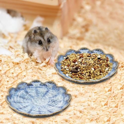 BNOSDM Shallow Ceramic Hamster Food Dish 2 Pcs Small Animals Food Bowl Sunflower Feeding Dishes for Gerbils Mice Rats 4.5in (Dark Blue) - color: Dark Blue