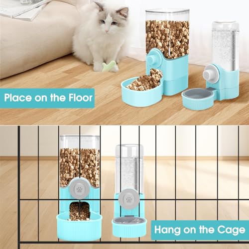 Yummy Sam Hanging Cage Automatic Small Pet Food Bowl Water Bottle Dispenser, Detachable Auto Gravity 1.2L Self-Feeding Feeder and 0.52L Waterer Set Kennel Feeding Station for Puppy Cats(Sky Blue) - color: Sky Blue