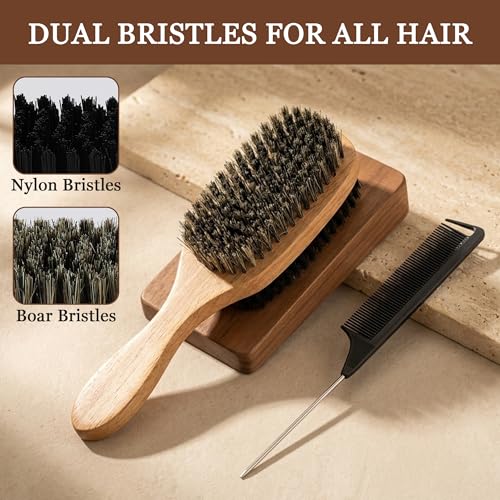 SIMPOR 2PCS Double Sided Boar Bristle Hair Brush Set, 2-in-1 Hair Brush with Rat Tail Comb for Women, Firm and Soft Bristles with Wooden Handle for Detangling, Smoothing, Wave Styles
