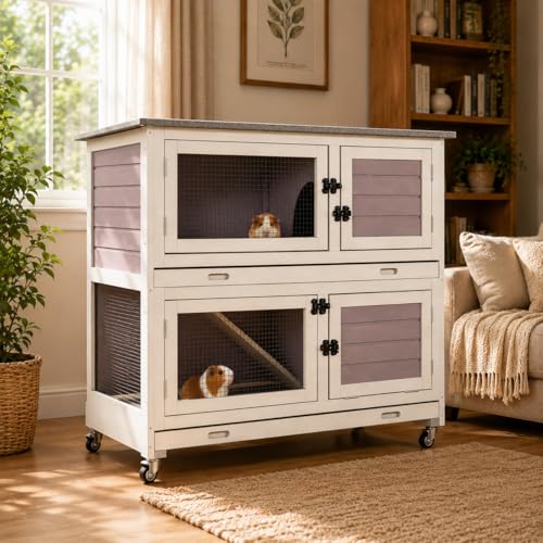 Two-Tier Guinea Pig Cages Rabbit Hutch with Anti-Chew Ramp | bunny cage with dual deep trays, weatherproof roof, lockable catsters, multiple access doors - color: 36“L Grey