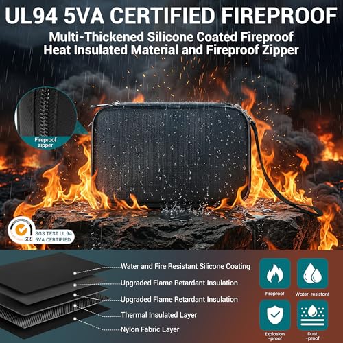 Fireproof Electronics Organizer Travel Case, Black | Water Resistant Tech Accessories Pouch, Explosion-proof Cord Storage Bag, Fireproof Zipper for Phone, Power Bank, Cables, USB