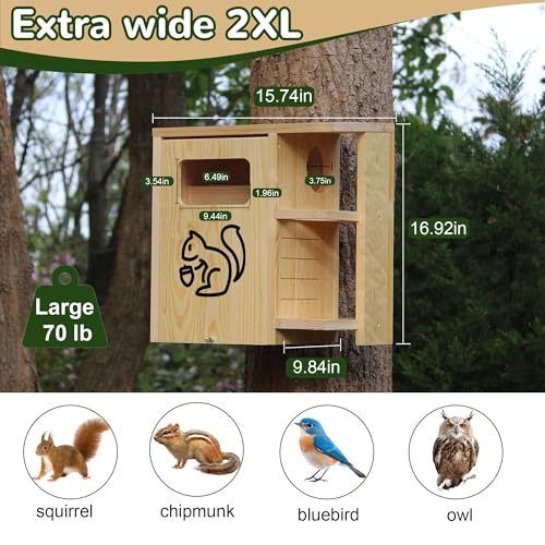 Extra Large Wooden Squirrel House for Outside | Dual Protective Entry Design, with Squirrel Feeder, Squirrel Nesting Box with Multi-Platforms for Nesting & Shelter - size: Extra Large