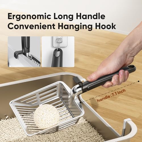 Metal Cat Litter Scoop, Large Cat Scooper with Deep Shovel & Dual Sifting Holes for Fast & Precise Sifting, Space Aluminum Kitty Litter Scooper with Long Handle & Easy-to-Hang Hook - Black - color: Black
