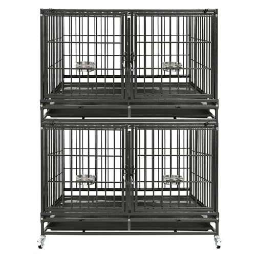 Homey Pet 43 inch Dog Crate Stackable Heavy Duty Dog Kennel Indoor, 2 Tiers | Dog Grooming Cage with Dual Front Doors, Auto Locks, Removable Grid & Tray, Wheels, Bowls, Ideal for Small and Medium Dogs - size: 43.0"L - 2 Tiers - 1P