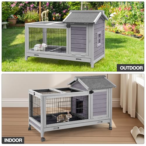 Wooden Rabbit Hutch Indoor and Outdoor, Rabbit Cage with Removable Wire Netting and Leak Proof Tray, Mobile Bunny Cage with Wheels (Grey) - color: Grey
