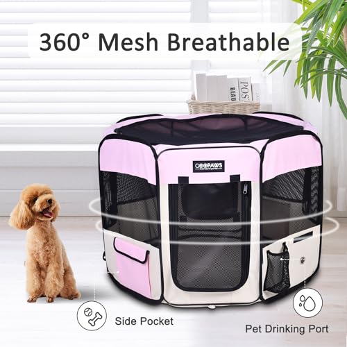 Jespet Soft Dog Playpen, Portable Pet Exercise Pen Kennel with Carry Bag | 2-Door, Easy to Fold, Ground Stakes, Zipper Locks, Large Storage Pocket, Washable Top Mesh Cover & Bottom Cover - color: Pink, style: 61x61x30 Inch (Pack of 1)