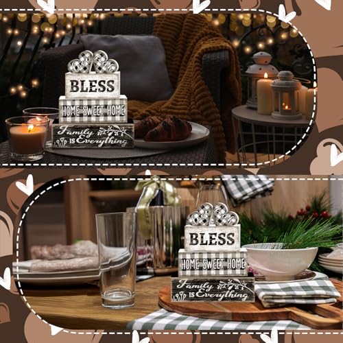 Tiered Tray Decor Set, 4 Pcs, Wooden, for Home Kitchen, Hearts | Checkered Sweet Home, Farmhouse Rustic Summer Coffee Table Centerpieces Office Decorations - style: Heart