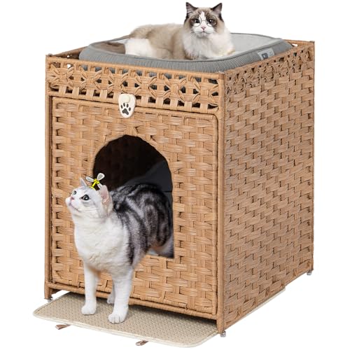 Snughome Cat Litter Box Enclosure Furniture Hidden with Litter Mat, Hidden Washroom Furniture with Door, Handwoven Rattan Cat Washroom Box, Indoor Pet House for Living Room, Bedroom(Natural) - color: Natural