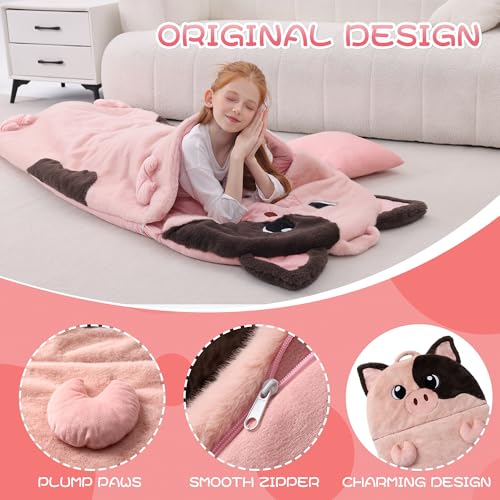 70" 4.2lbs Kids Sleeping Bag with Pillow Pink Pig Toddler Nap Mat | Sleep Sack 2-in-1 Sleeping Mat& Blanket Washable Roll-Up w/ Handle For Daycare Kindergarten Thick Soft & Portable In Gift Box - color: Pig-Pink