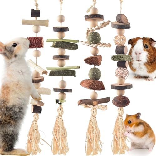 DBNESS 4 Pcs Bunny Chew Toys for Teeth, Hanging Rabbit Chewing Toy Treats with Timothy Grass & Natural Apple Wood, Improve Small Rodent Dental Health for Guinea Pig Hamster Chinchilla Rat Gerbil - size: 4 Pcs