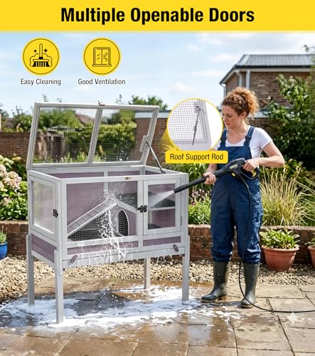 Aivituvin Guinea Pig Cages, Rabbit Hutch with Anti-Chew Frame, Bunny Cage with Cleaning Sliding Tray, 3 Openable Areas, Assemblable Legs, Ramp & Hideout Included - Grey - color: Grape Purple