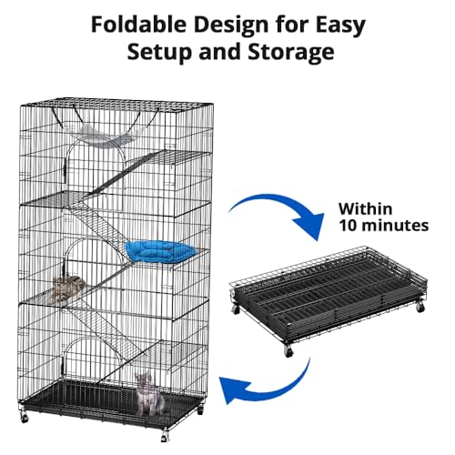 Large Cat Cage, 72 Inch 6-Tier Cat Playpen with Wheels Indoor Outdoor | 36x22x72” multi-level Enclosure, 3 Doors, Removable Tray, Rolling Wheels, Hammock, Cat Playpen for Kitten & Small Animals - size: 36.0"L x 22.0"W x 72.0"H
