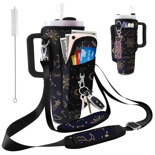 Stanley Carrier Bag for Stanley 40oz/30ozTumbler with Phone with 2 Adjustable Strap,3 Pockets Bottle Stanley Cup Carrier Bag & Case,Accessories for Hiking Travelling - color: Starry Sky