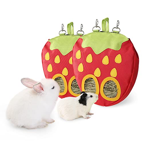 JanYoo Bunny Supplies Food Storage Hay Rack Feeder Rabbit Bag Hanging Manger for Guinea Pigs Chinchilla Gerbils Ferrets - color: F-Strawberry 2Pcs