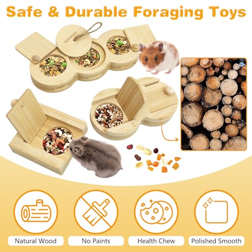Hamiledyi 3 Pack Guinea Pig Foraging Toys Interactive Wooden Rabbit Enrichment Toys Hamster Hide Treats Snuffle Puzzle Game for Chinchilla Bunny Rat Gerbil