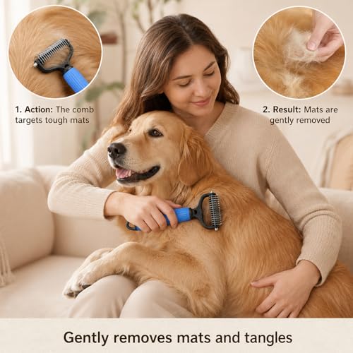 2 Pcs Pet Grooming Brush, Double Sided Undercoat Rake & Dematting Comb for Dogs and Cats, Detangling Tool for Matted Fur, Ideal for Medium or Long Haired Breeds (Blue+Pink, Large)