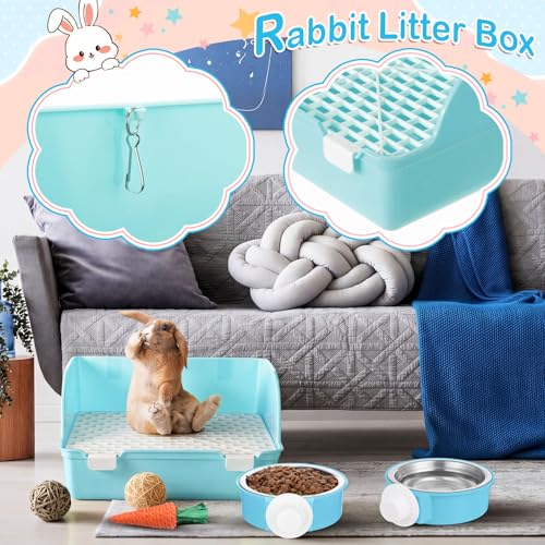Reallnaive 15 Pcs Rabbit Starter Kit Small Rabbit Litter Box Girls Gift Animal Grooming Kit Bunny Toys Bowl Blankets with Cleaning Set for Guinea Pig Accessories(Sky Blue) - color: Sky Blue