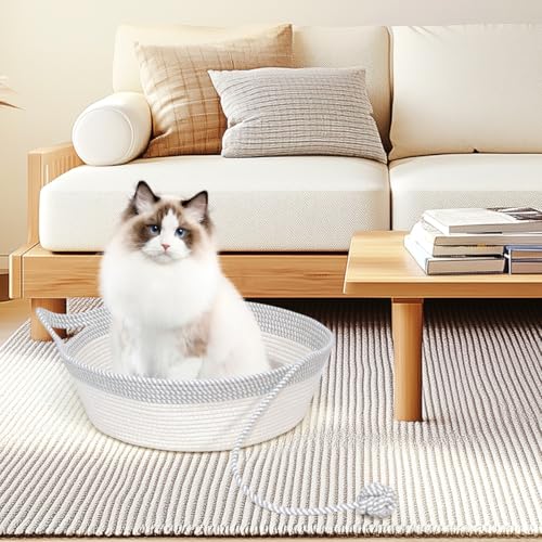 Cotton Rope Woven Cat Bed Basket, Hand Woven with Toy Tail, Small Dogs & Puppies Sleeping Bed, Indoor Cat & Rabbit Basket (Large, Gray & White) - color: Gray & White, size: Large