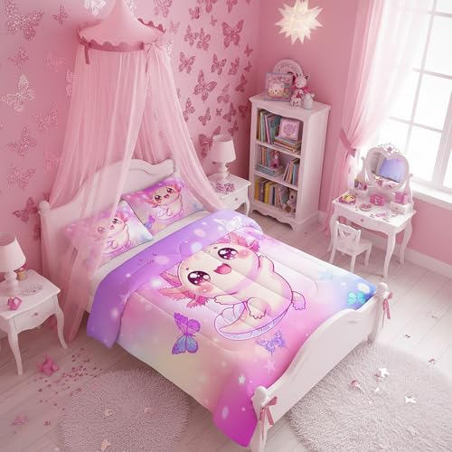 QOOMO 3Pcs Axolotl Comforter Set Twin,Kawaii Salamander Bedding Set | 3Pcs Bedding Set Printed Comforter with 2 Pillowcases,Soft Microfiber,Lightweight and Comfortable,for All seasons - color: Axolotl 19, size: Twin