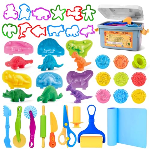 VConejo Dough Tools Play Sets for Kids, 37pcs Clay and Dough Accessories with Storage Container, Mat, Cutters, Rolling Pins, Safety Scissors, Stamps, Animal and 3D Dino Makers for Boys Girls