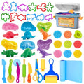 VConejo Dough Tools Play Sets for Kids, 37pcs Clay and Dough Accessories with Storage Container, Mat, Cutters, Rolling Pins, Safety Scissors, Stamps, Animal and 3D Dino Makers for Boys Girls