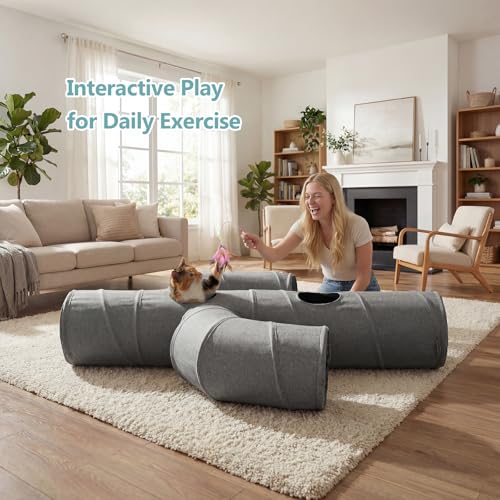 Ownpets Cactus Cat Tunnel 10" with Peek Holes for Indoor Large Cat, Grey | Durable Oxford fabric, noise-free, foldable & connectable, multi-cat friendly, tube for cats up to 20lb, includes ball & wand - size: 10 Inches in Diameter