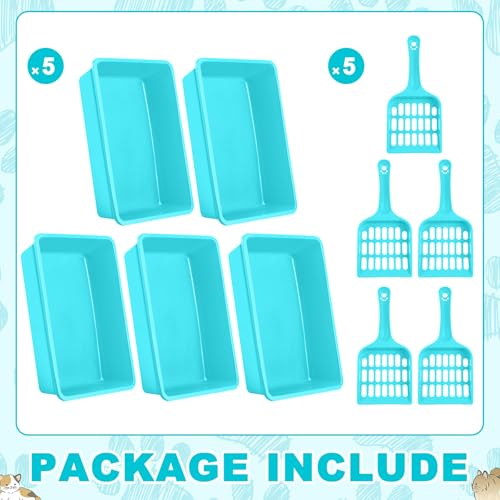 Amyhill 5 Pcs Open Cat Litter Box Kitten Litter Pan with 5 Scooper Medium Plastic Pet Tray Durable Nonstick Kitten Box for Indoor Pets Cats Rabbit Supply Easy to Clean, 14.6x10.6x3.4 Inch (Blue) - color: Blue