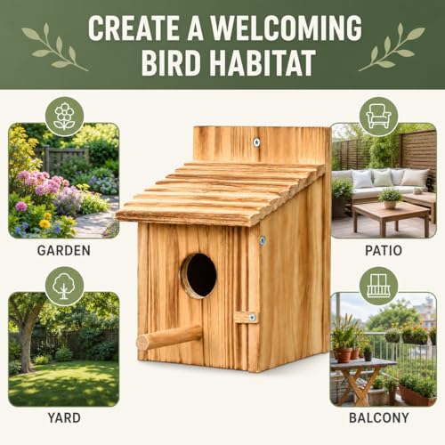 Wooden Bird House for Outside, Hanging Natural Wood Birdhouse with Perch, 1.57" Entrance & Side Clean-Out Door for Bluebirds, Wrens and Finches, Garden Decor