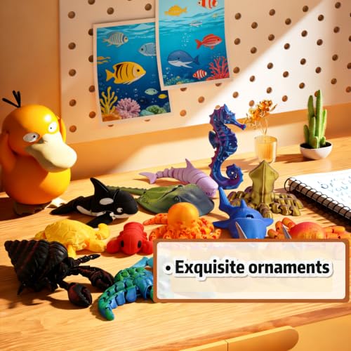 15 Pack 3D Printed Sea Animal Toys with Educational Cards, Articulated Ocean Animal Figurines and Fidget Desk Pets for Kids Ages 3-8, Birthday Gifts, Classroom Prizes & Desktop Decor